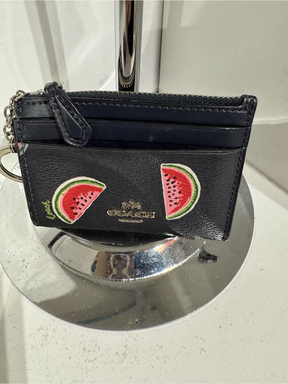 Coach Black Card Wallet with Watermelon Print and ID Window